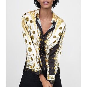 ZARA | Monogram Baroque Chain Pattern Button Front Collared Long Sleeve Blouse